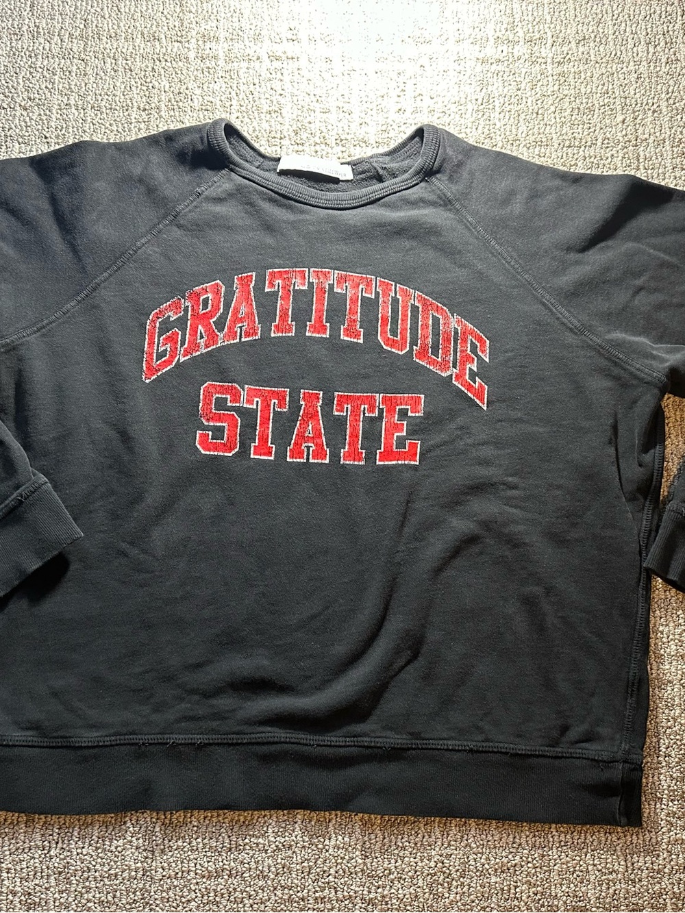Stillwater Black Distressed Sweatshirt with ‘Gratitude State' Graphic womens XS